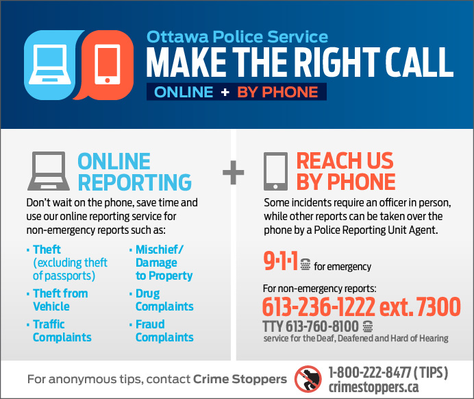 Report to the OPS via 9-1-1, online or non-emergency line